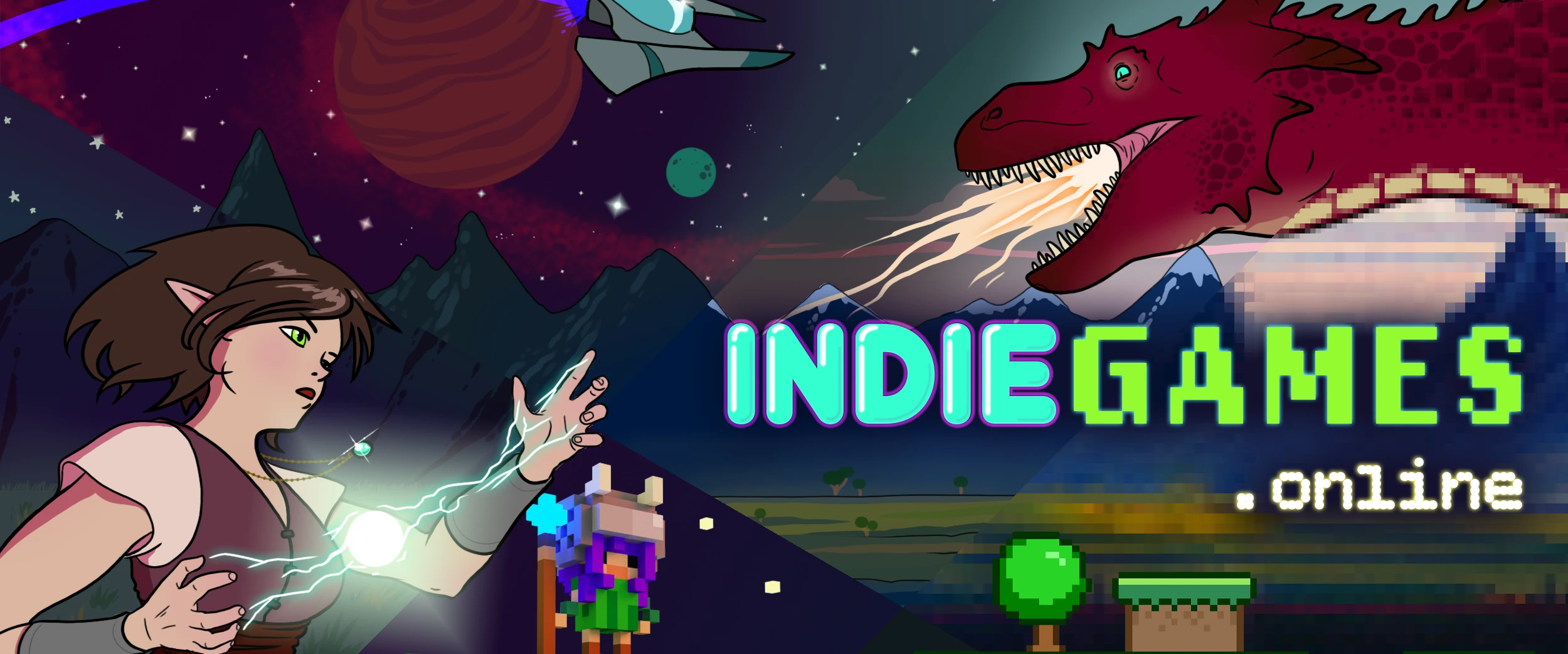 collage image in various styles with indiegames.online logo. an elf character in the bottom left, casts a spell and faces off against a fire breating dragon in the opposite corner, along the top is a spaceship flying through space, and along the bottom stands a voxel character with a staff, standing on a pixelated platform